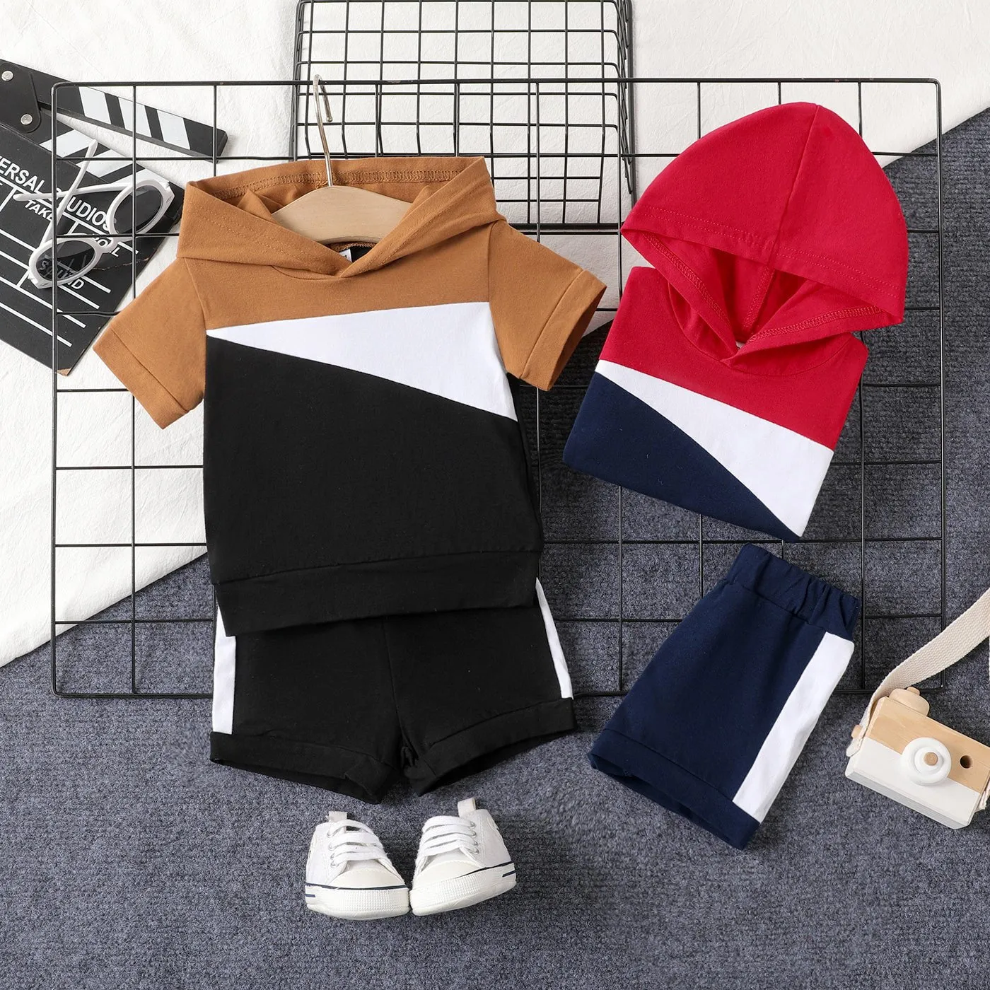 2pcs Baby Boy 95% Cotton Hooded Short-sleeve Colorblock Top & Shorts Set