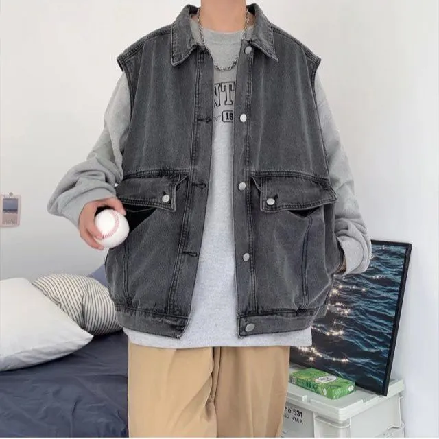 All Season Fashion Men's Solid Pocket Cool Boy Casual Loose Safari Style Tess Button Sleeveless Vest Denim Jacket Pocket