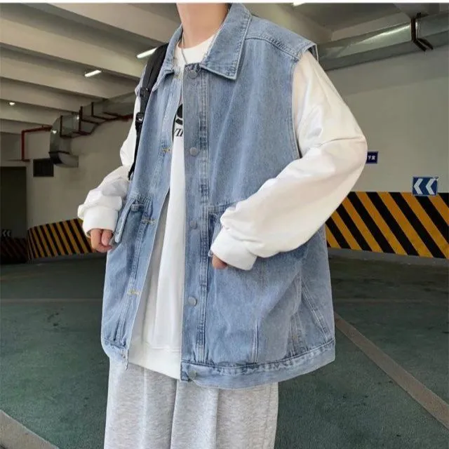 All Season Fashion Men's Solid Pocket Cool Boy Casual Loose Safari Style Tess Button Sleeveless Vest Denim Jacket Pocket