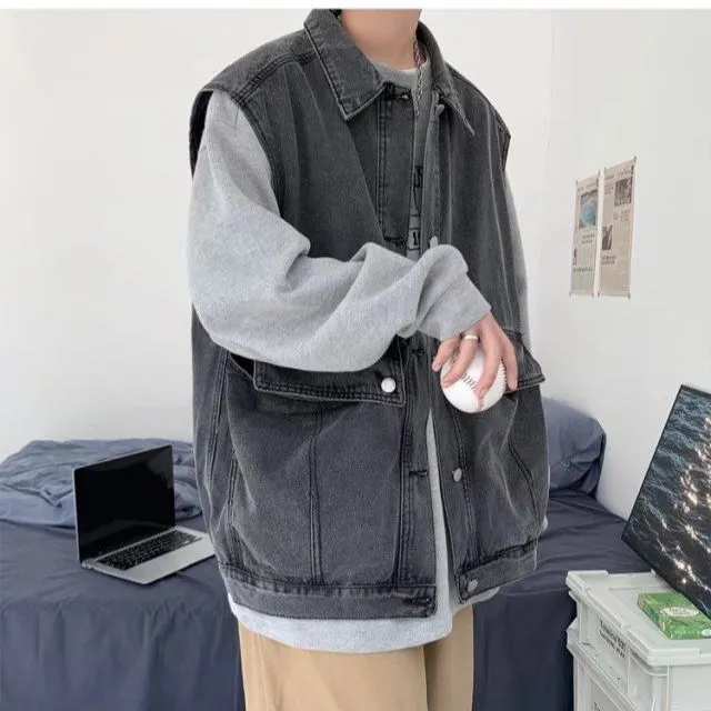 All Season Fashion Men's Solid Pocket Cool Boy Casual Loose Safari Style Tess Button Sleeveless Vest Denim Jacket Pocket