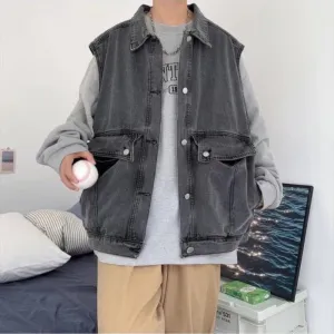 All Season Fashion Men's Solid Pocket Cool Boy Casual Loose Safari Style Tess Button Sleeveless Vest Denim Jacket Pocket