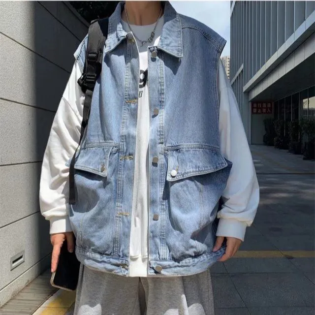 All Season Fashion Men's Solid Pocket Cool Boy Casual Loose Safari Style Tess Button Sleeveless Vest Denim Jacket Pocket