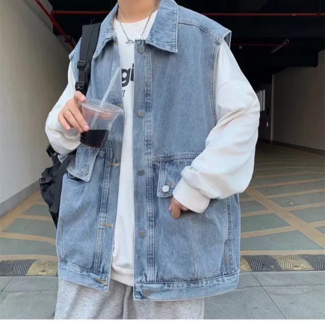 All Season Fashion Men's Solid Pocket Cool Boy Casual Loose Safari Style Tess Button Sleeveless Vest Denim Jacket Pocket