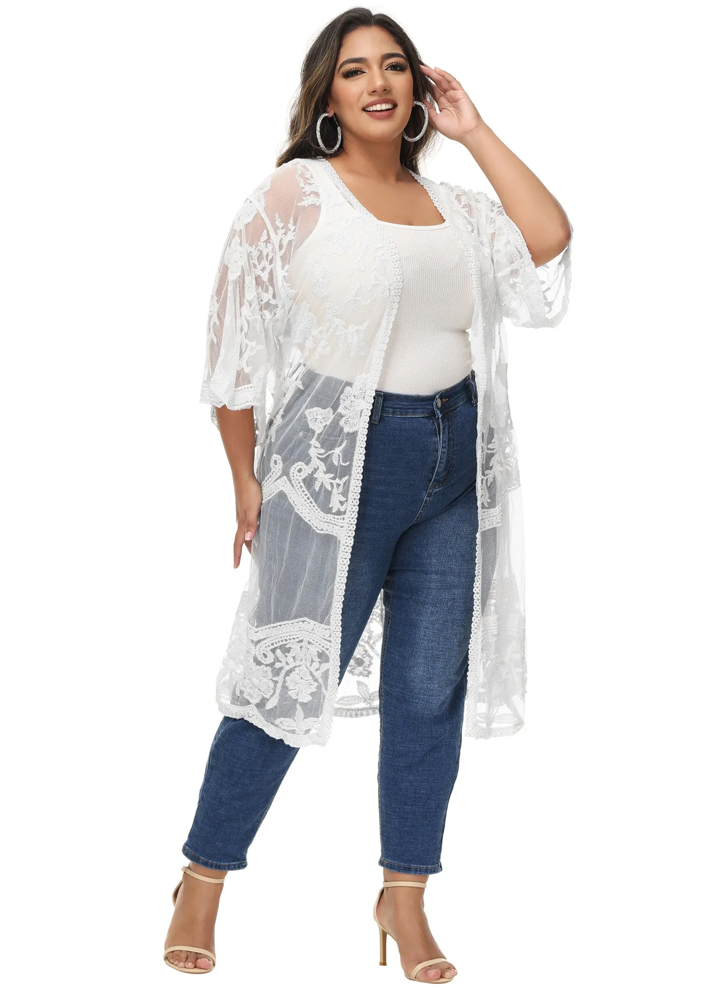 Anna-Kaci Women's Plus Size Lace Cardigan Open Front Floral Crochet Beach Swimsuit Cover Ups Long Kimono