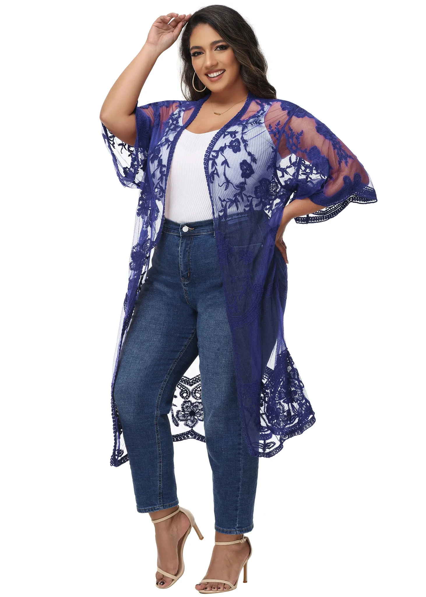 Anna-Kaci Women's Plus Size Lace Cardigan Open Front Floral Crochet Beach Swimsuit Cover Ups Long Kimono