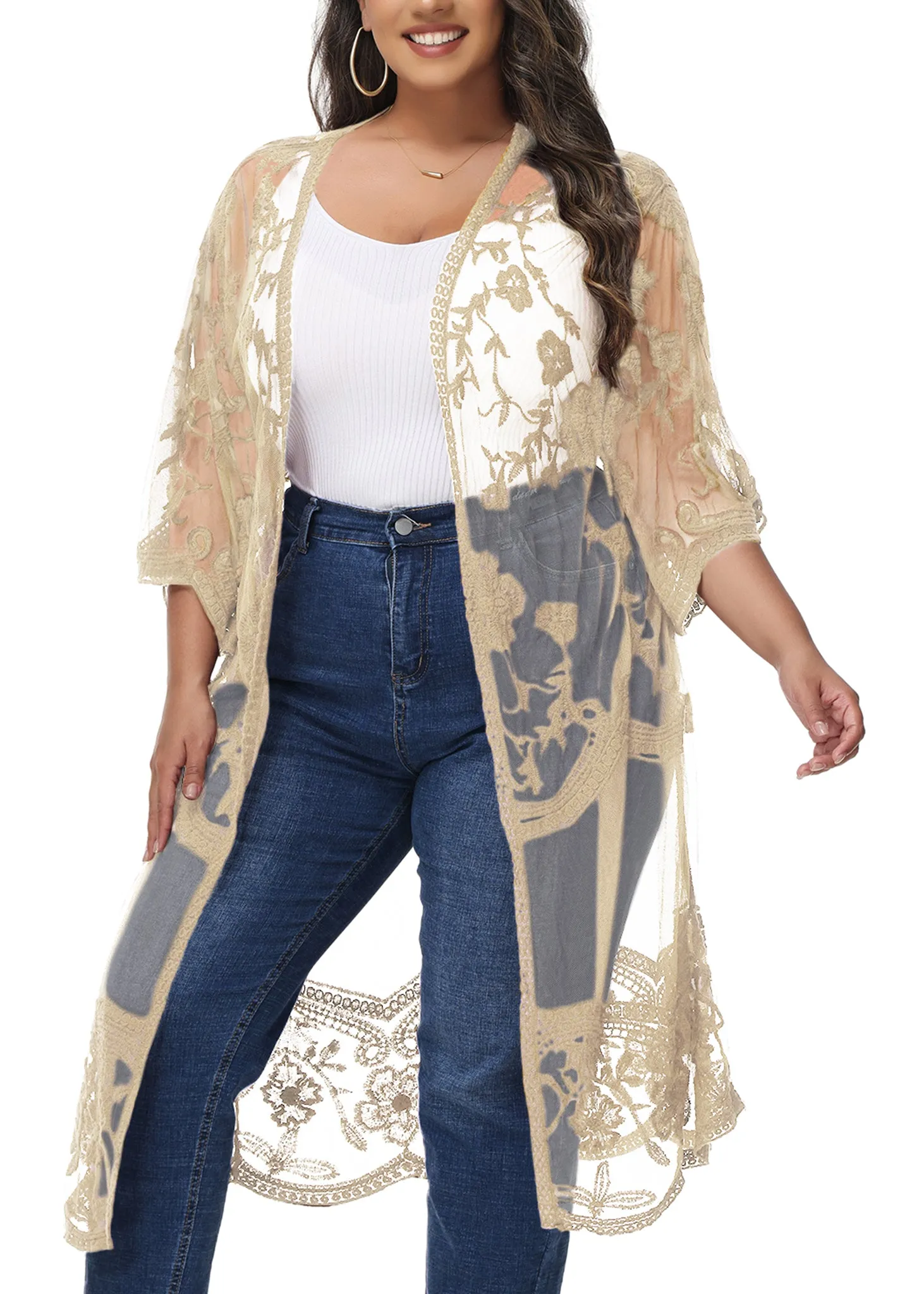 Anna-Kaci Women's Plus Size Lace Cardigan Open Front Floral Crochet Beach Swimsuit Cover Ups Long Kimono