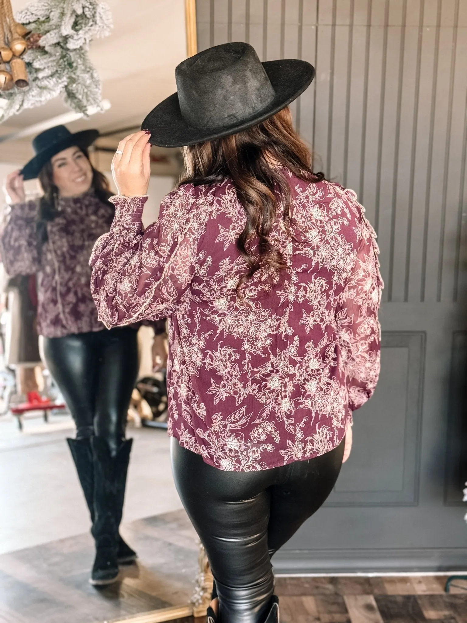Bloomhaven Elegant Floral Pleated Blouse, Mocha