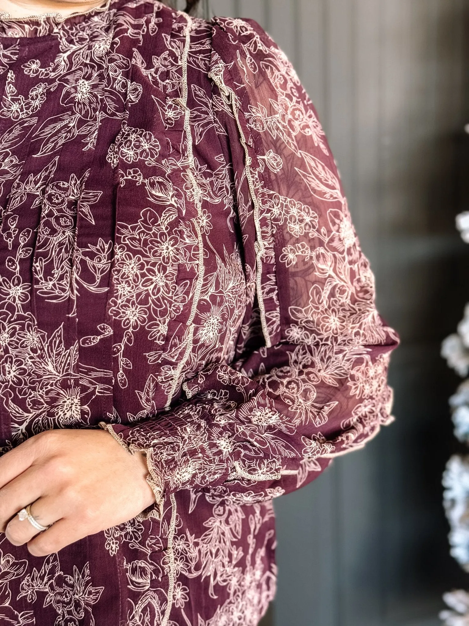 Bloomhaven Elegant Floral Pleated Blouse, Mocha