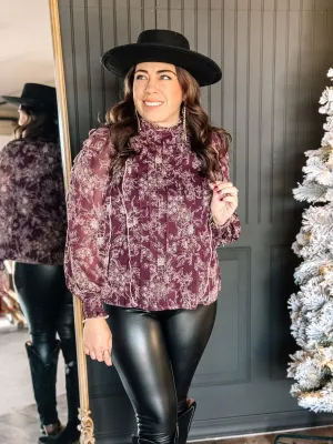 Bloomhaven Elegant Floral Pleated Blouse, Mocha