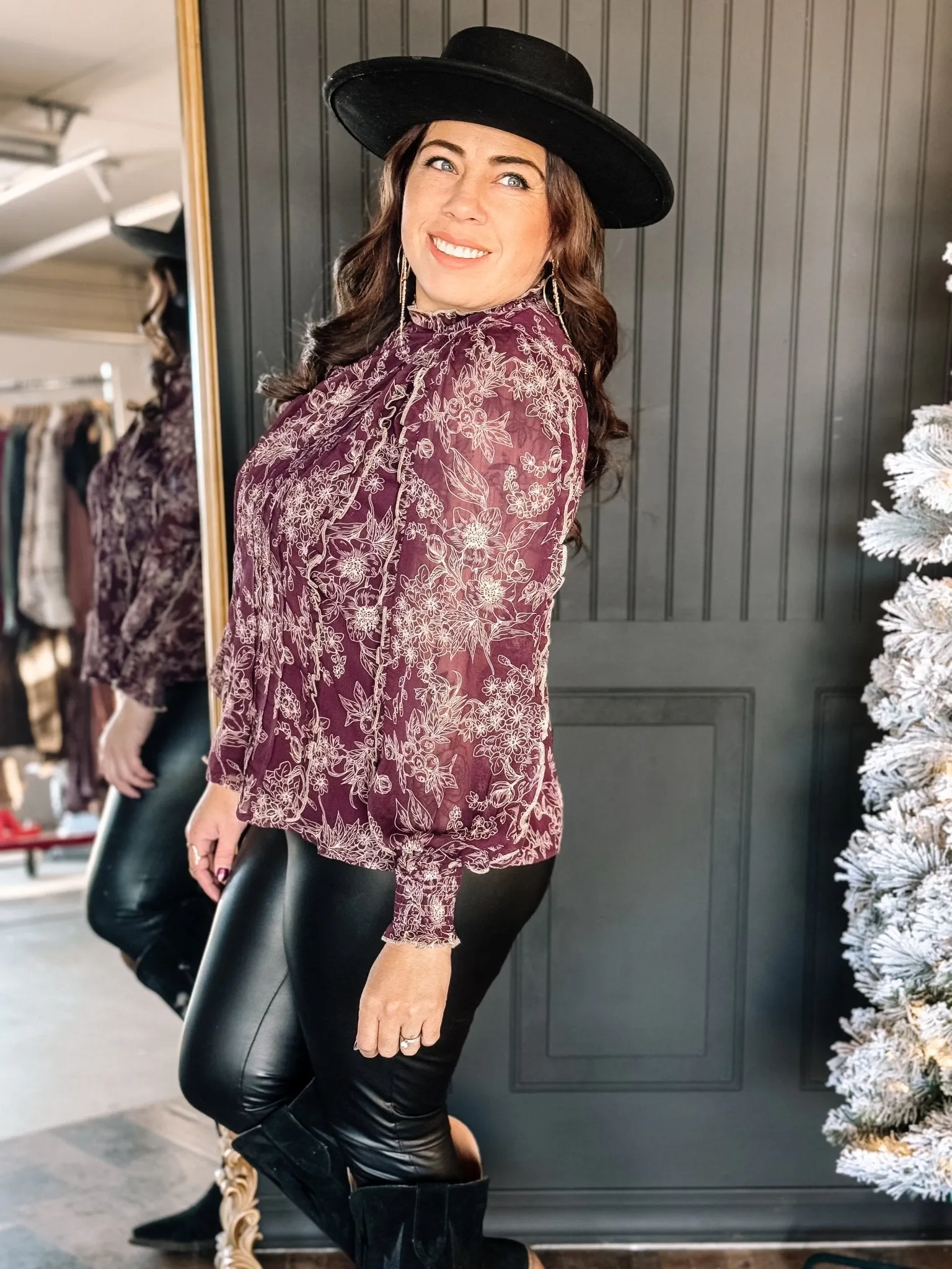 Bloomhaven Elegant Floral Pleated Blouse, Mocha