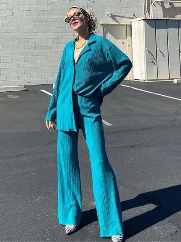Blue Zone Planet |  Bella's Bohemian Pleated Shirt with matching Straight Loose Trousers Set