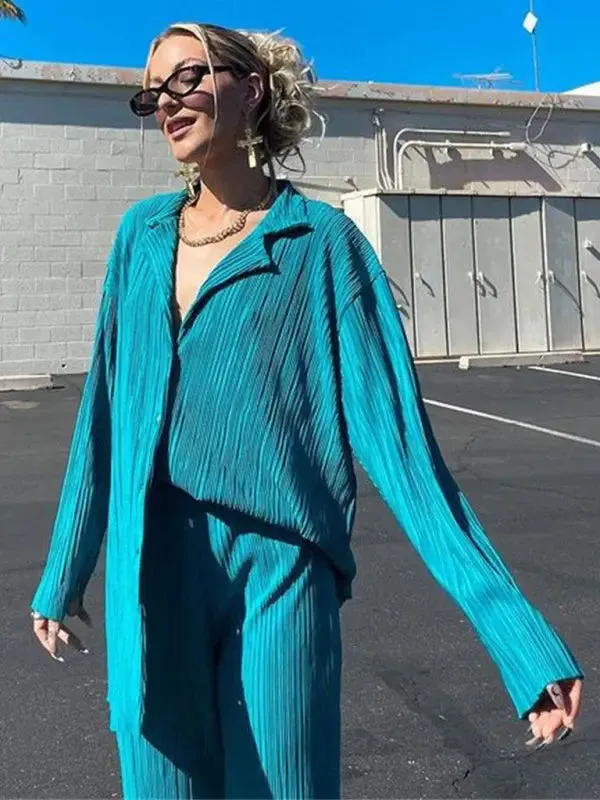 Blue Zone Planet |  Bella's Bohemian Pleated Shirt with matching Straight Loose Trousers Set