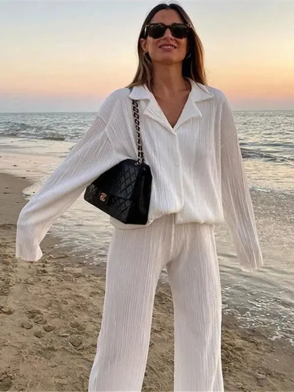 Blue Zone Planet |  Bella's Bohemian Pleated Shirt with matching Straight Loose Trousers Set