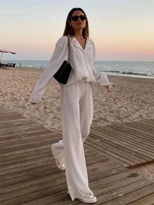 Blue Zone Planet |  Bella's Bohemian Pleated Shirt with matching Straight Loose Trousers Set