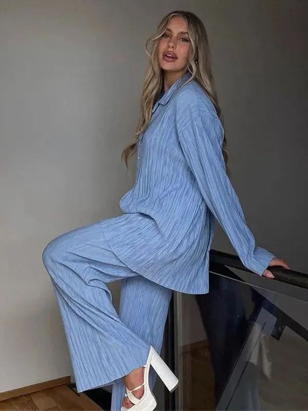 Blue Zone Planet |  Bella's Bohemian Pleated Shirt with matching Straight Loose Trousers Set
