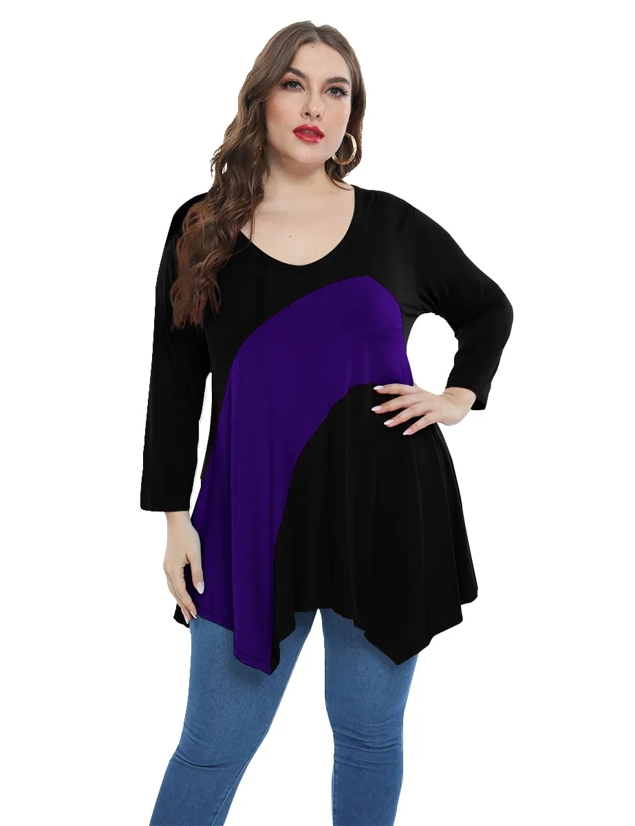 Color Block  Tunic V-Neck Plus Size  3/4 Sleeves Tops-LARACE 8082