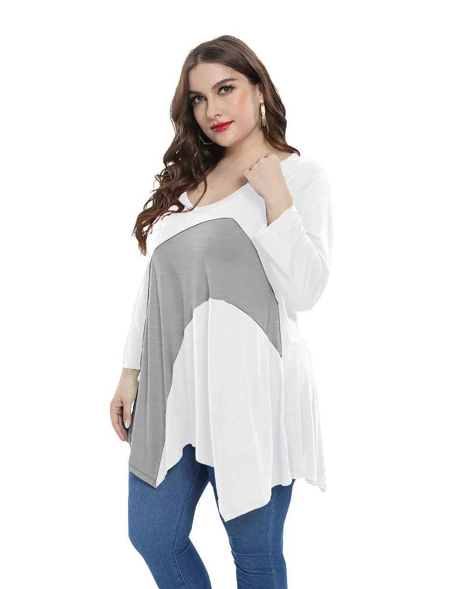 Color Block  Tunic V-Neck Plus Size  3/4 Sleeves Tops-LARACE 8082