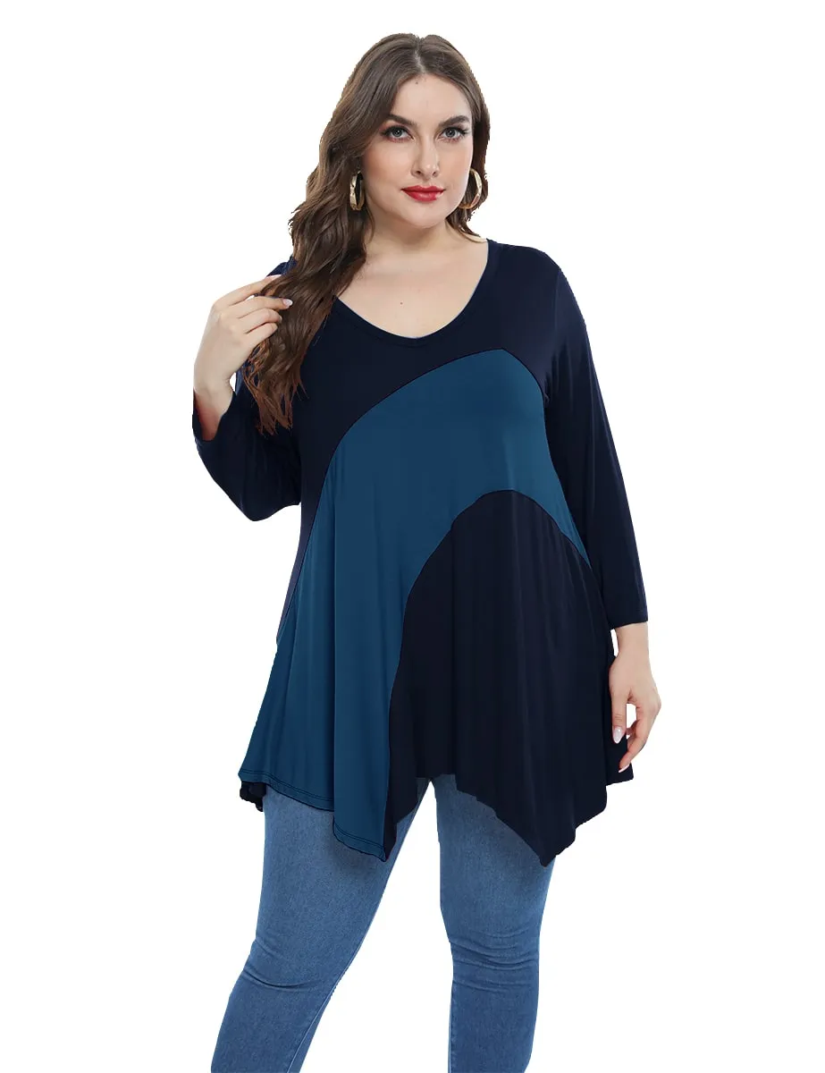 Color Block  Tunic V-Neck Plus Size  3/4 Sleeves Tops-LARACE 8082