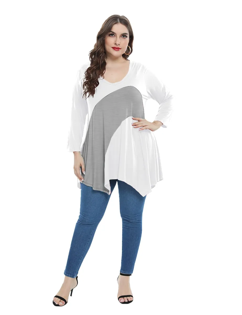 Color Block  Tunic V-Neck Plus Size  3/4 Sleeves Tops-LARACE 8082