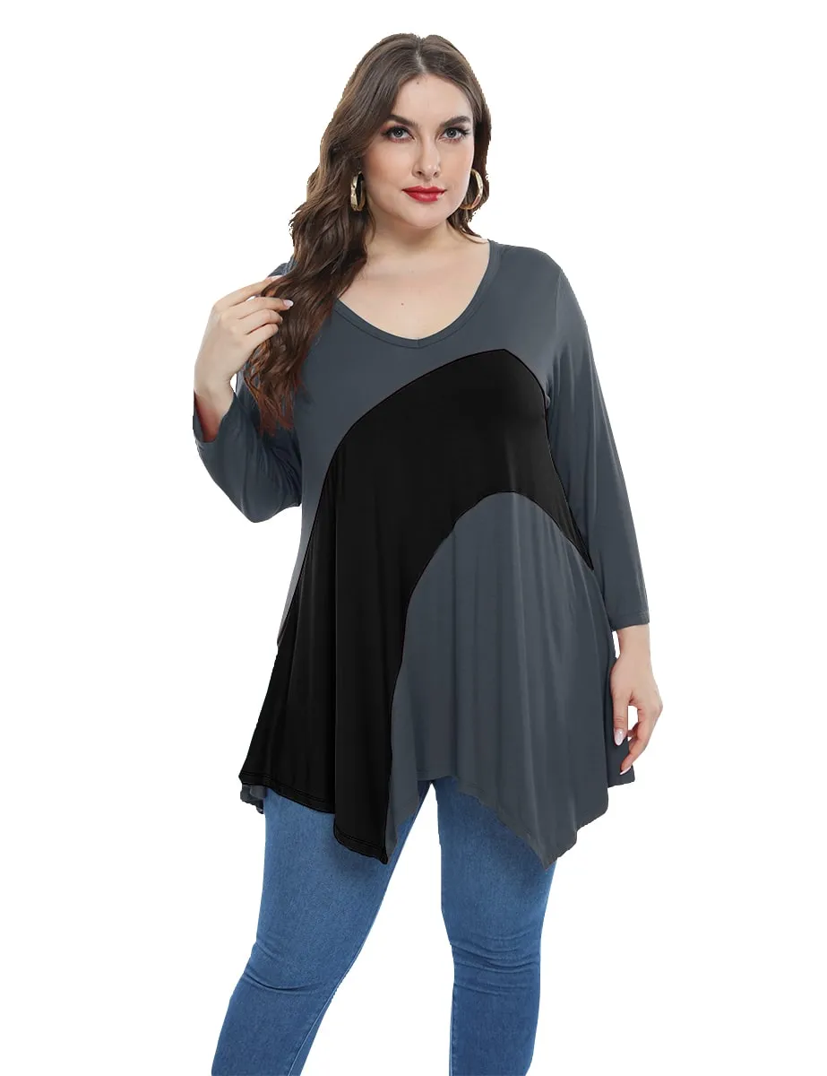 Color Block  Tunic V-Neck Plus Size  3/4 Sleeves Tops-LARACE 8082