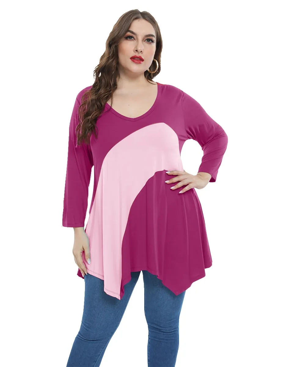 Color Block  Tunic V-Neck Plus Size  3/4 Sleeves Tops-LARACE 8082