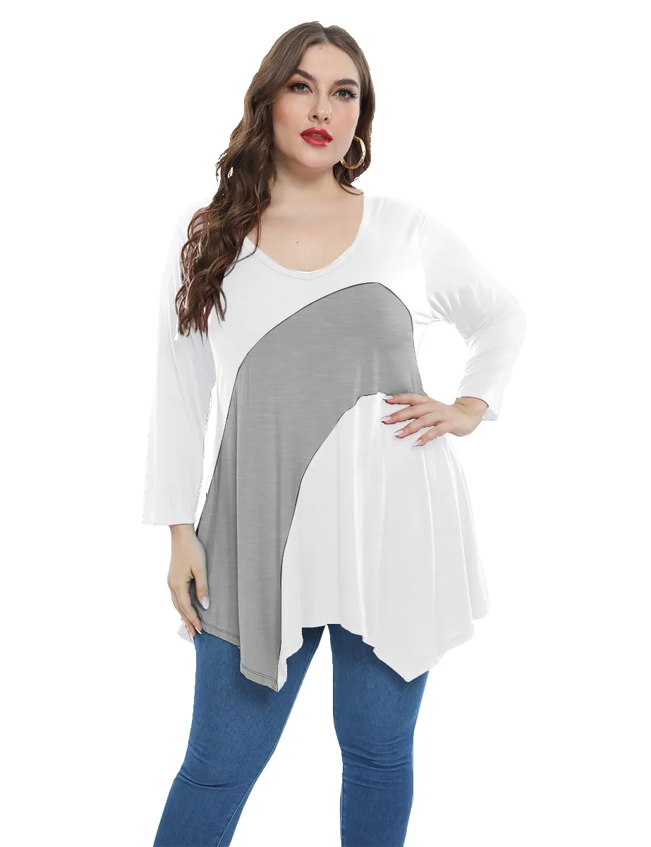 Color Block  Tunic V-Neck Plus Size  3/4 Sleeves Tops-LARACE 8082