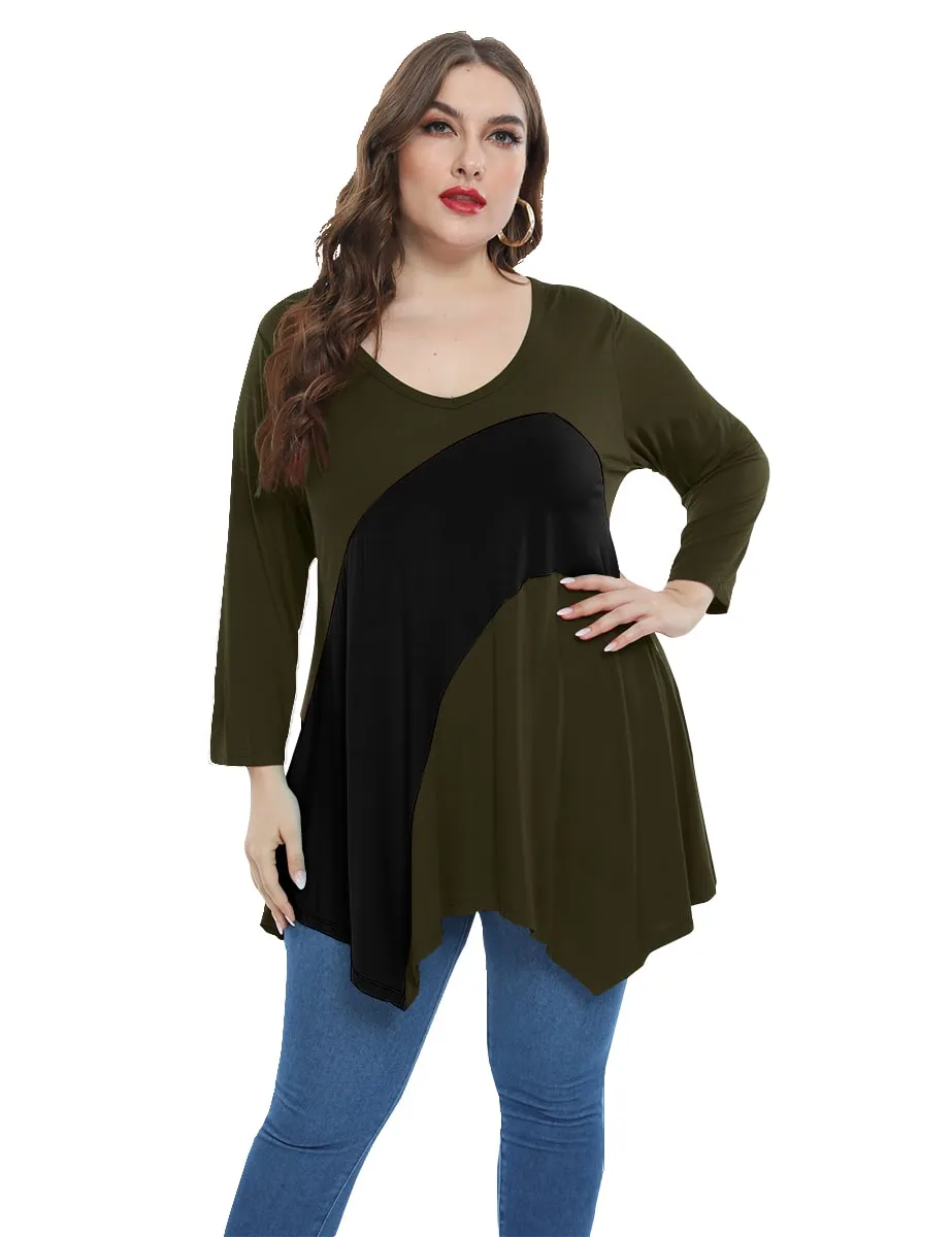 Color Block  Tunic V-Neck Plus Size  3/4 Sleeves Tops-LARACE 8082