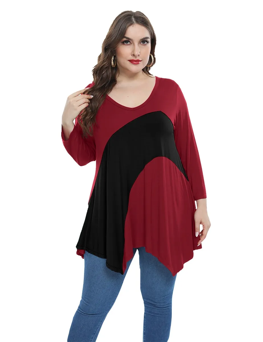 Color Block  Tunic V-Neck Plus Size  3/4 Sleeves Tops-LARACE 8082