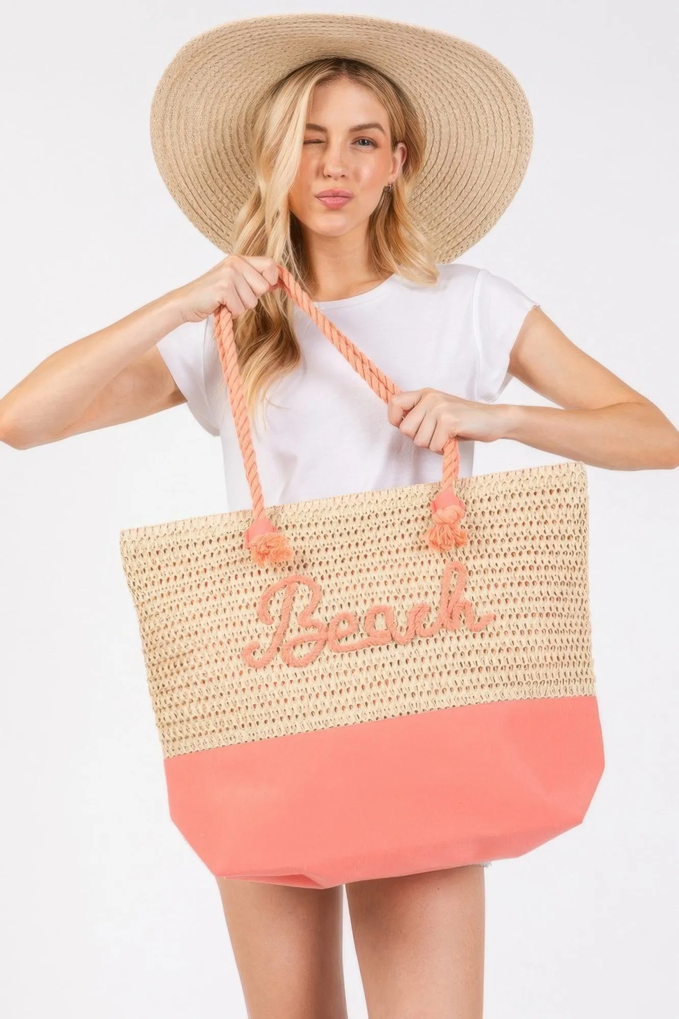 Color Sewn Rope Beach Letter And Strap Crochet Fabric Tote
