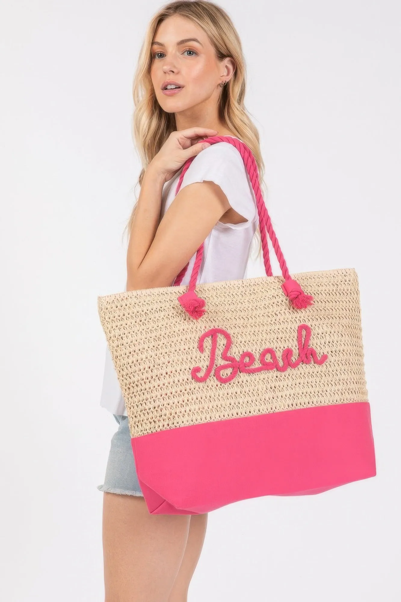 Color Sewn Rope Beach Letter And Strap Crochet Fabric Tote