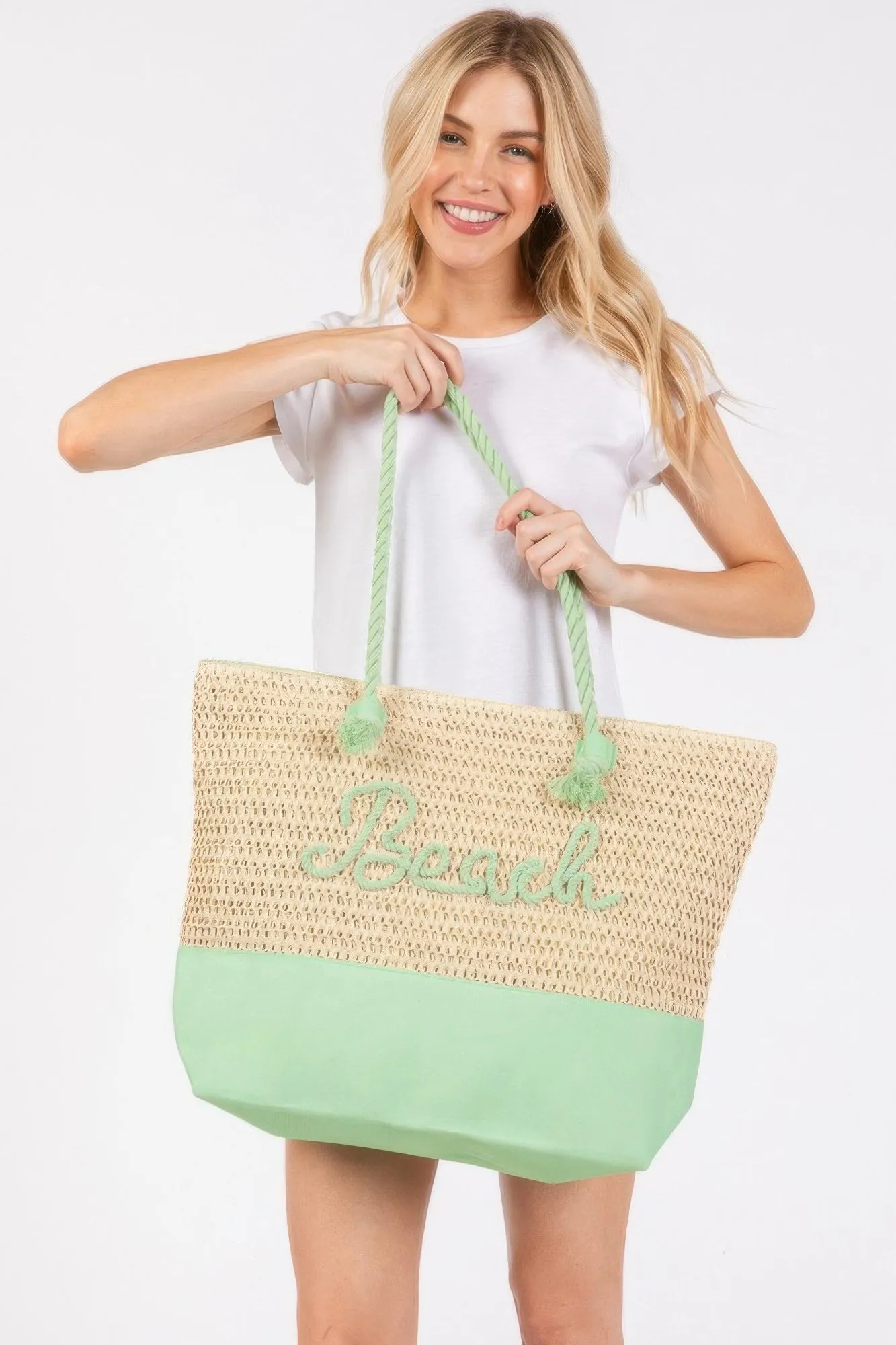 Color Sewn Rope Beach Letter And Strap Crochet Fabric Tote