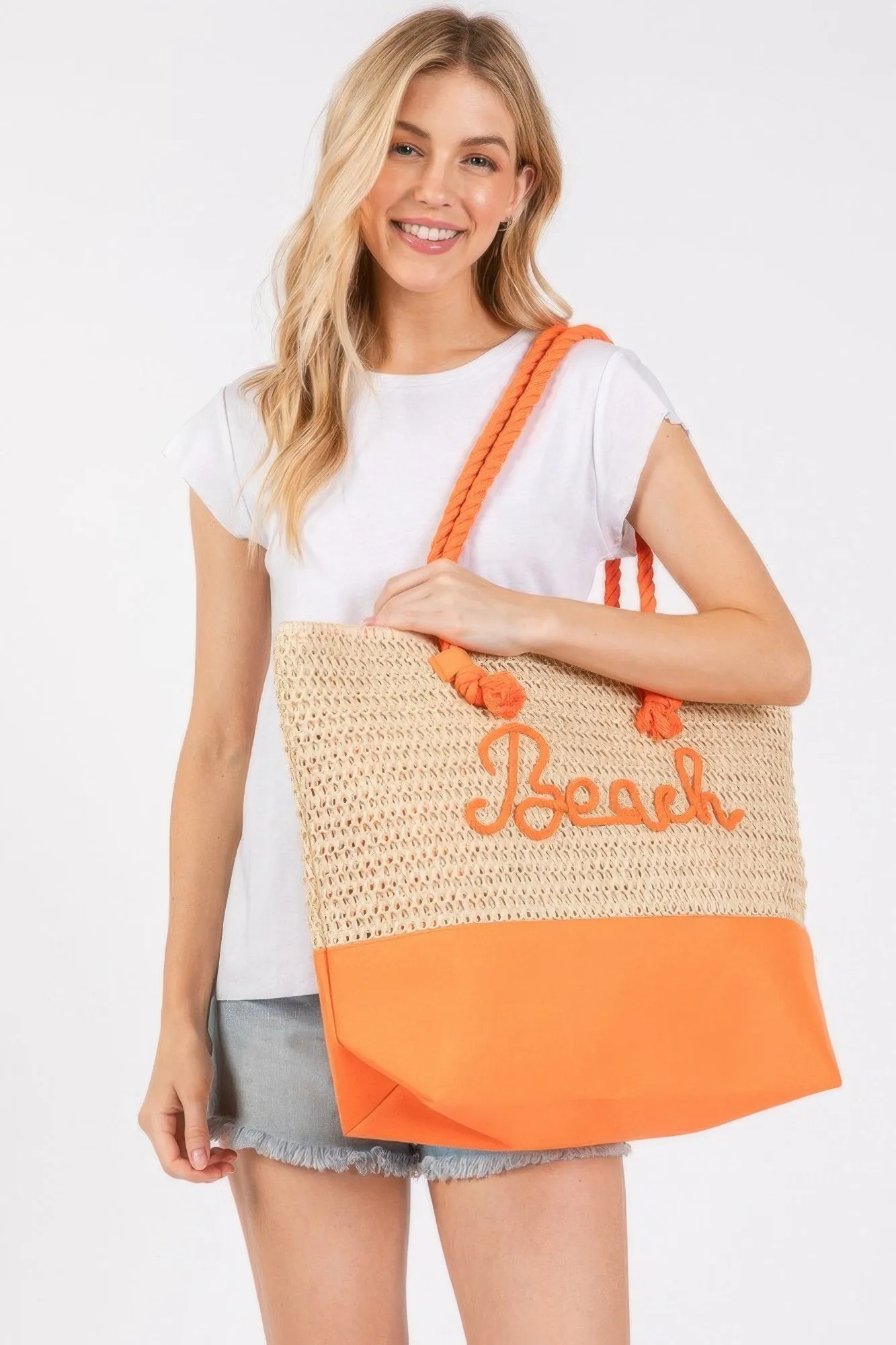 Color Sewn Rope Beach Letter And Strap Crochet Fabric Tote