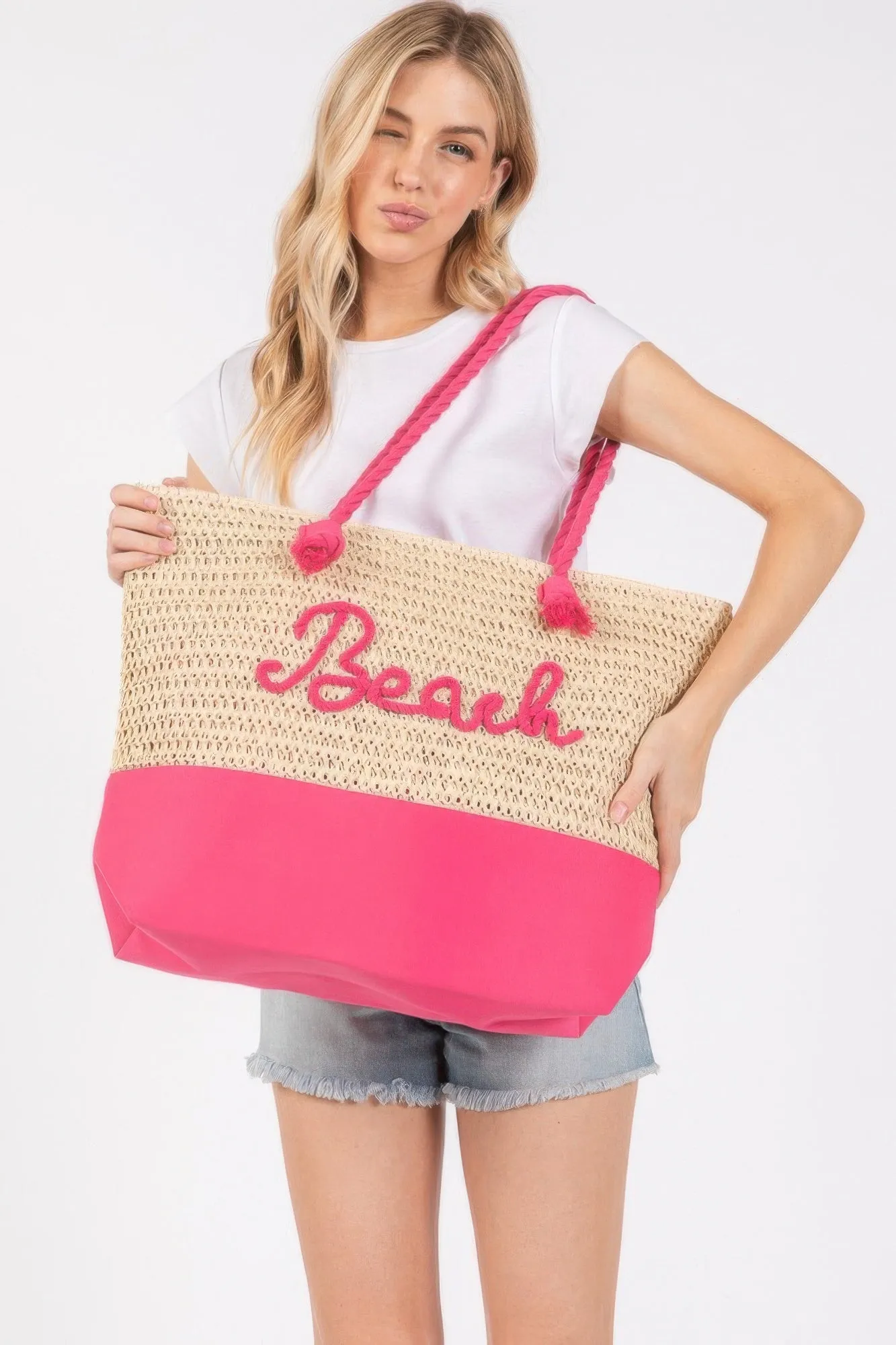 Color Sewn Rope Beach Letter And Strap Crochet Fabric Tote