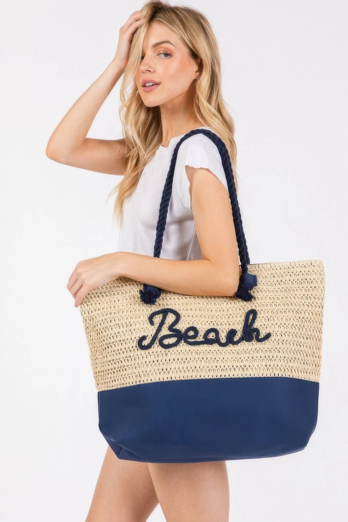 Color Sewn Rope Beach Letter And Strap Crochet Fabric Tote