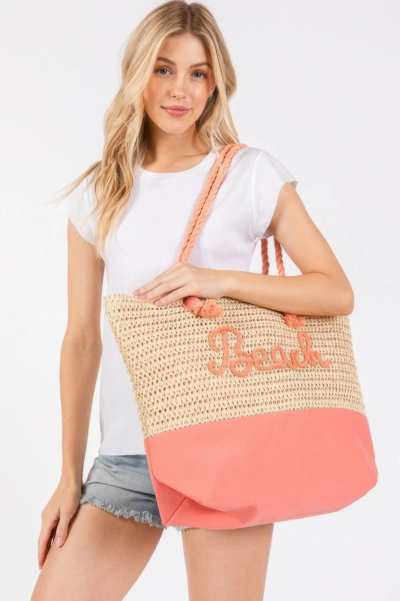 Color Sewn Rope Beach Letter And Strap Crochet Fabric Tote