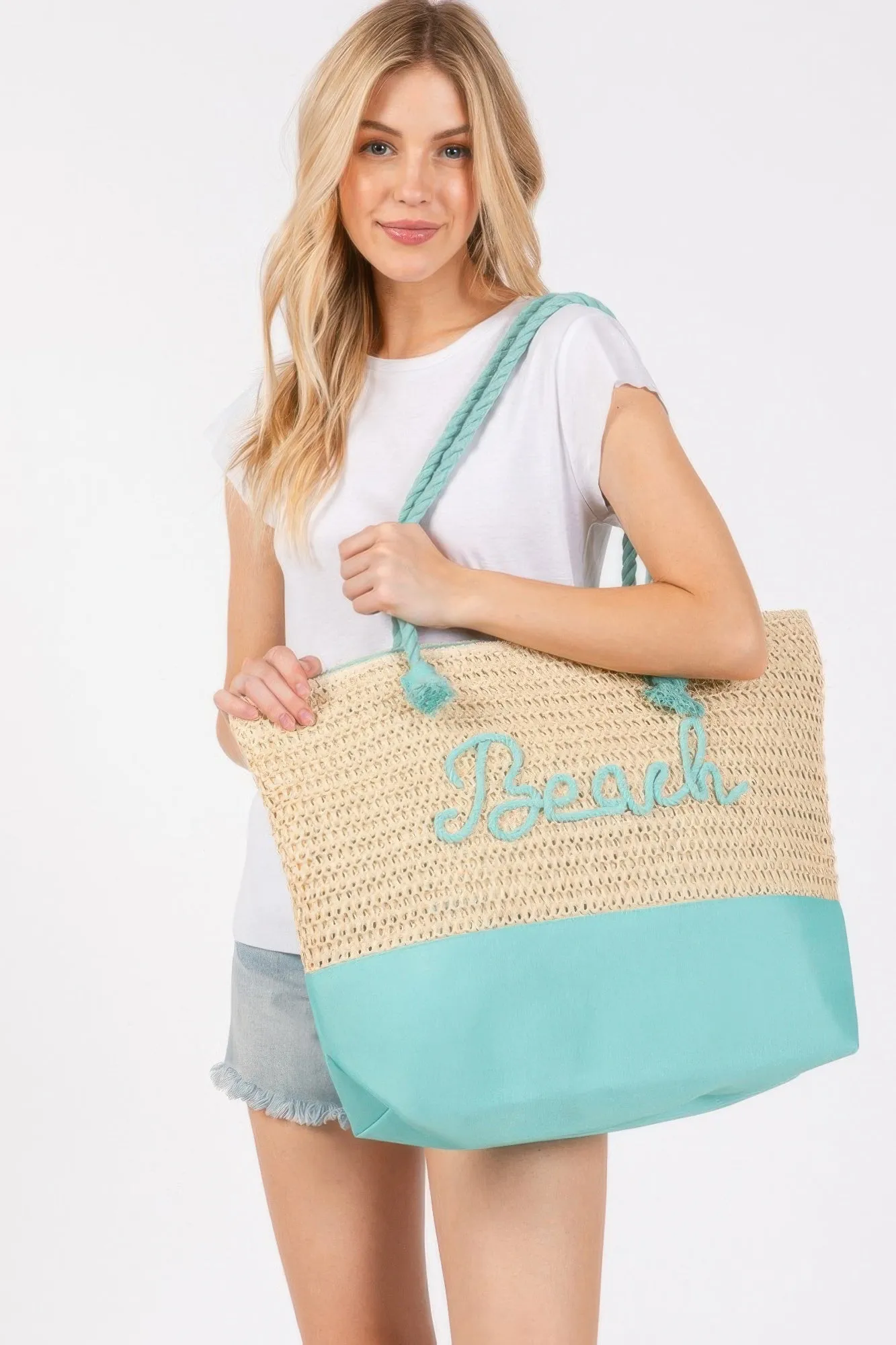Color Sewn Rope Beach Letter And Strap Crochet Fabric Tote
