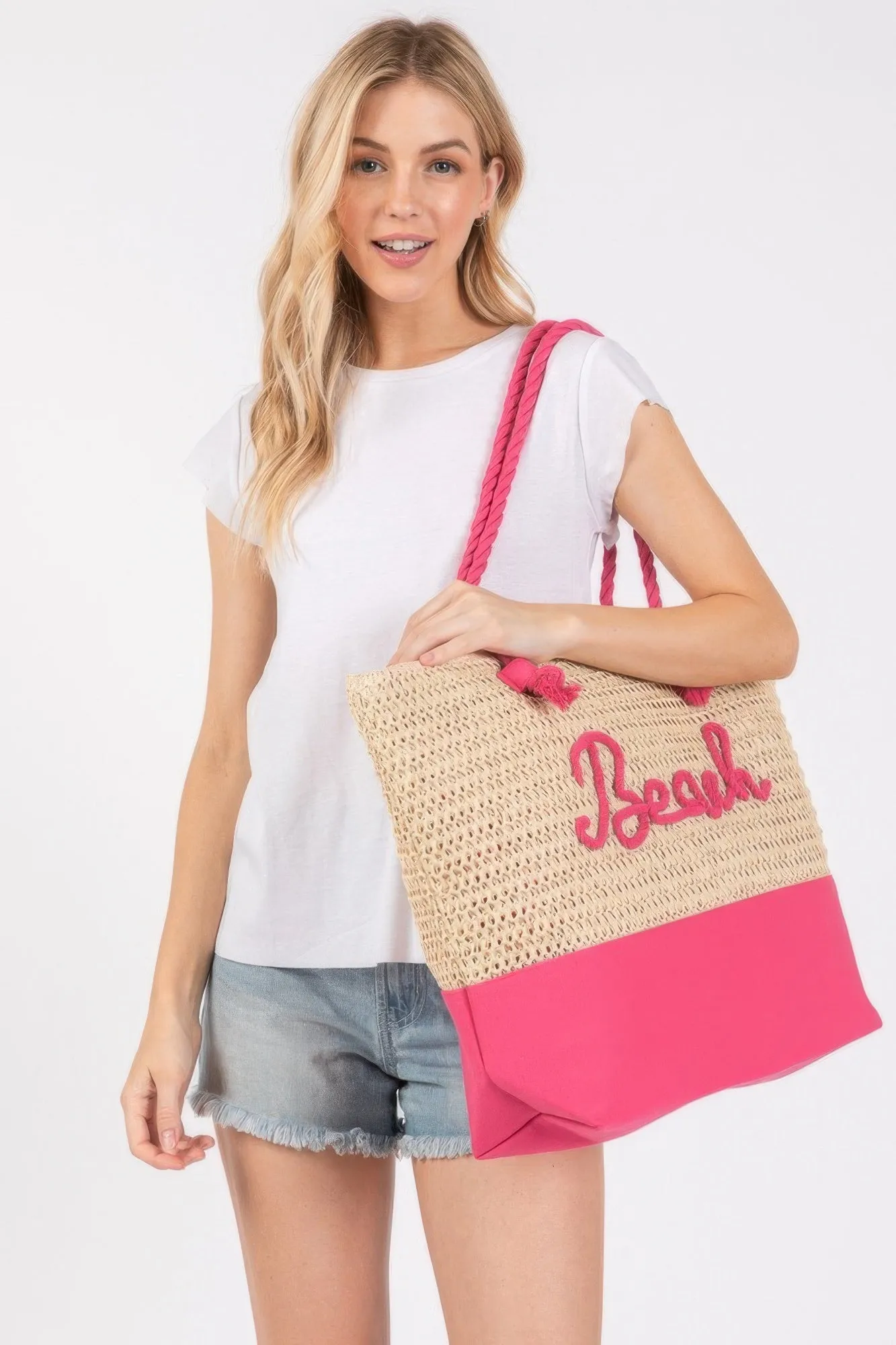 Color Sewn Rope Beach Letter And Strap Crochet Fabric Tote
