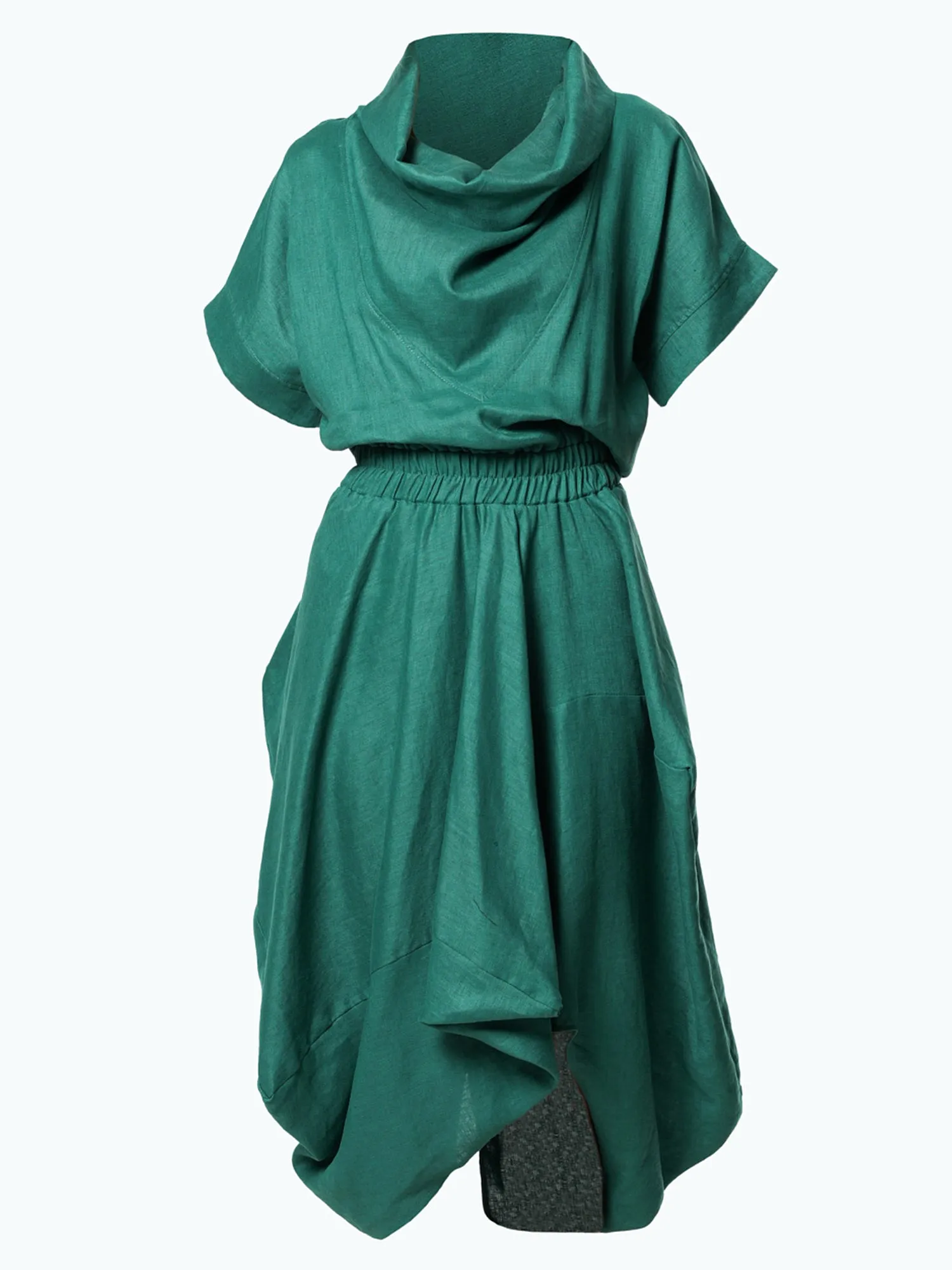 Cowl Neck Linen Dress In Green