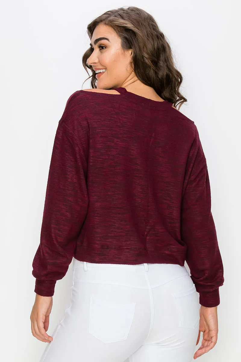 Cropped Heather Knit Cold Shoulder Sweater