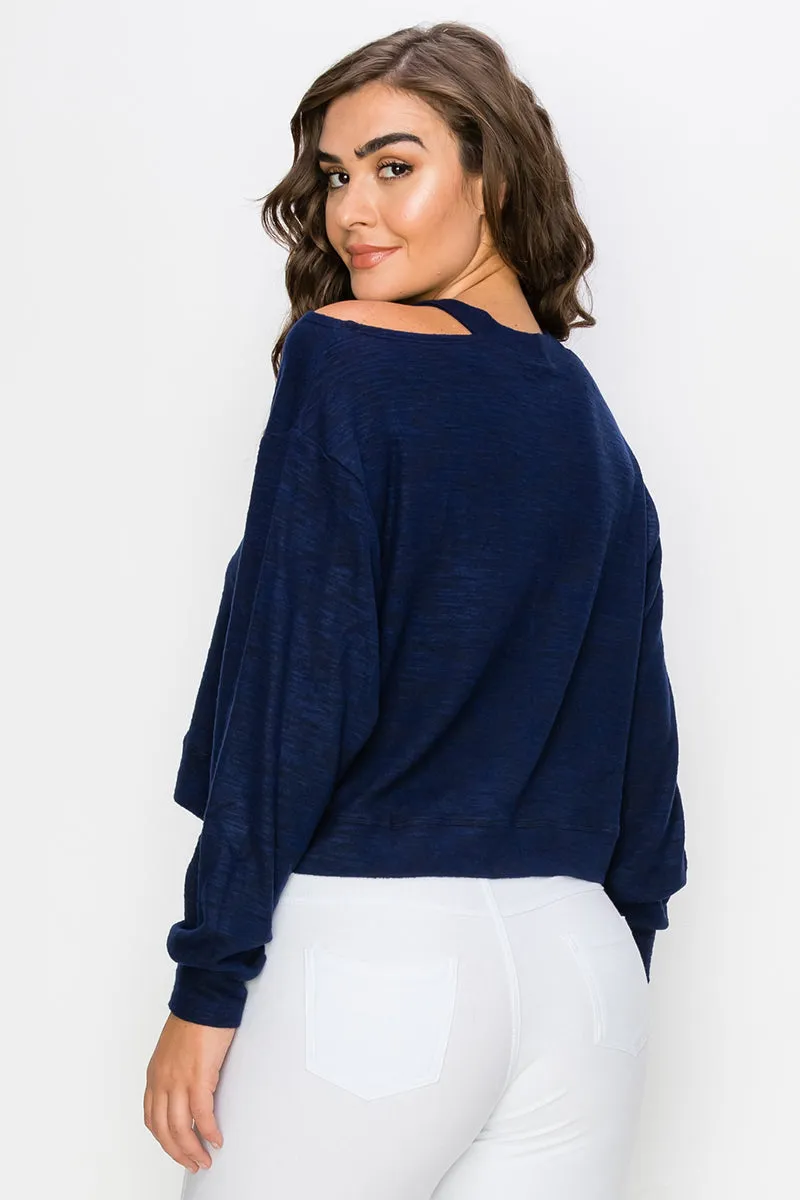 Cropped Heather Knit Cold Shoulder Sweater