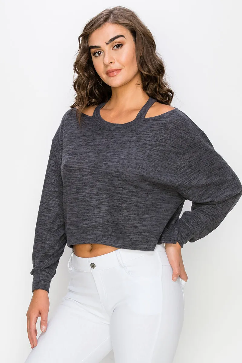 Cropped Heather Knit Cold Shoulder Sweater