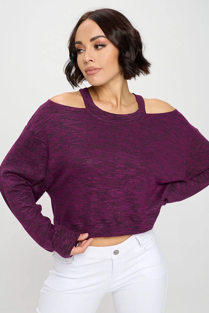 Cropped Heather Knit Cold Shoulder Sweater