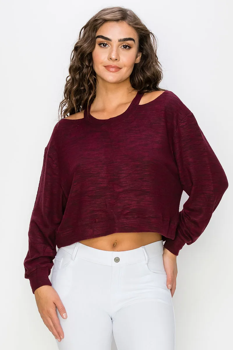 Cropped Heather Knit Cold Shoulder Sweater
