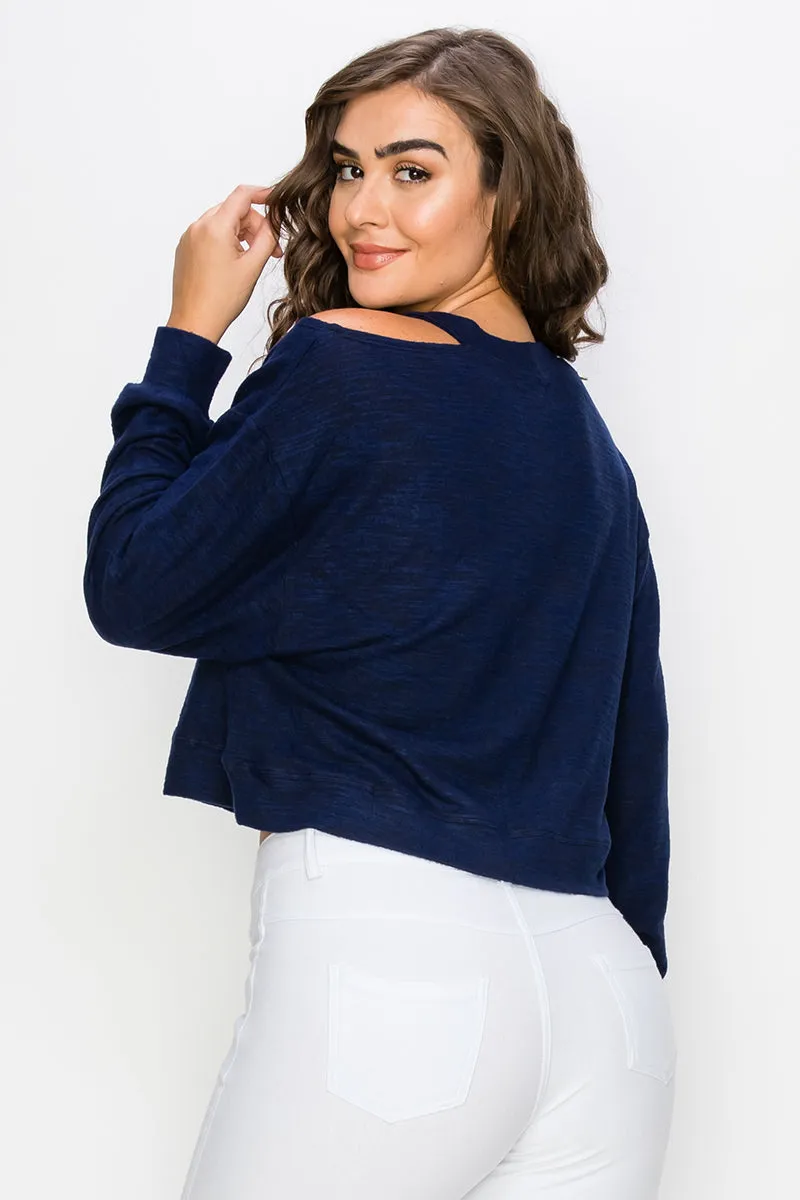 Cropped Heather Knit Cold Shoulder Sweater