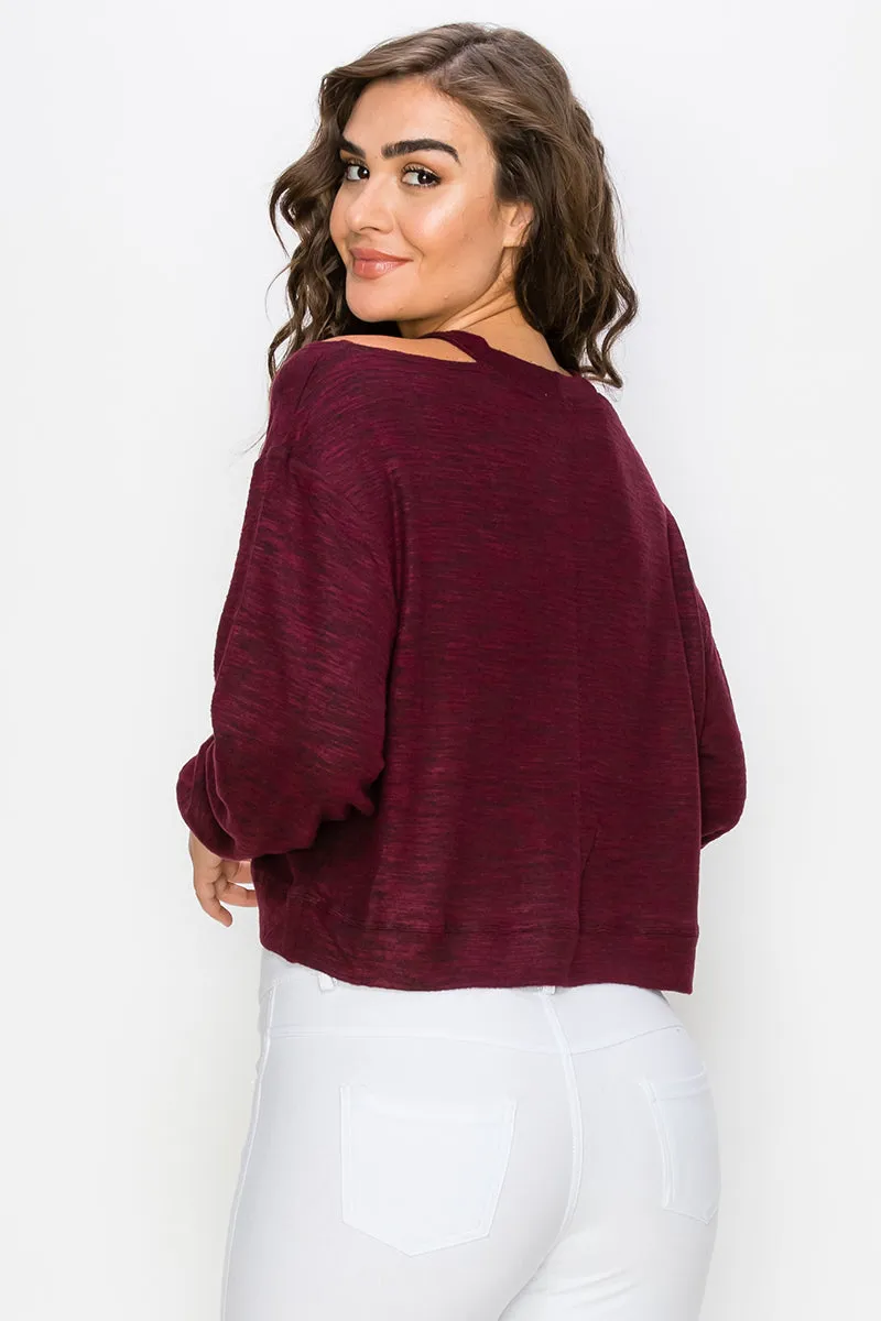 Cropped Heather Knit Cold Shoulder Sweater