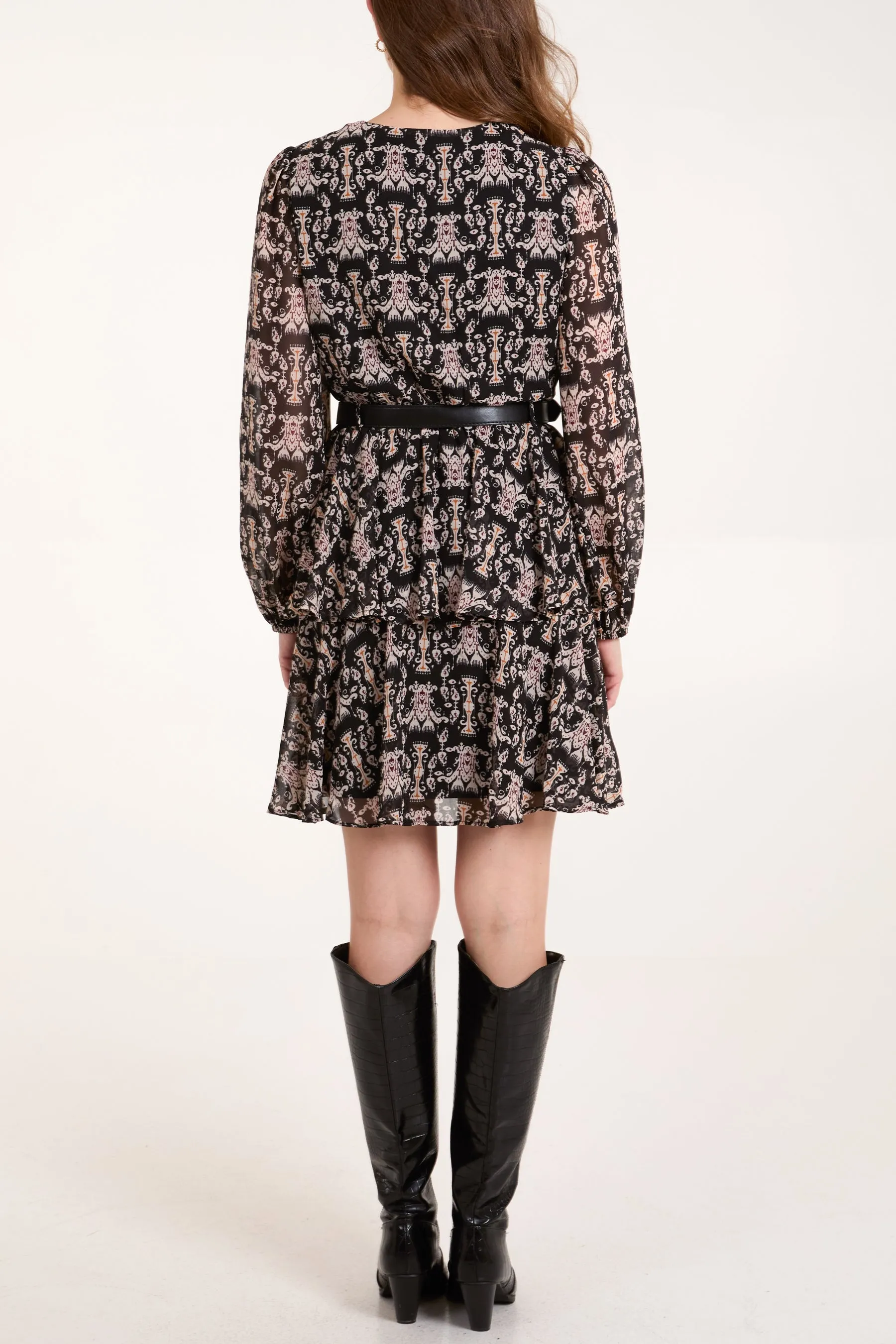 Damask Wrap Front Belted Double Frill Dress