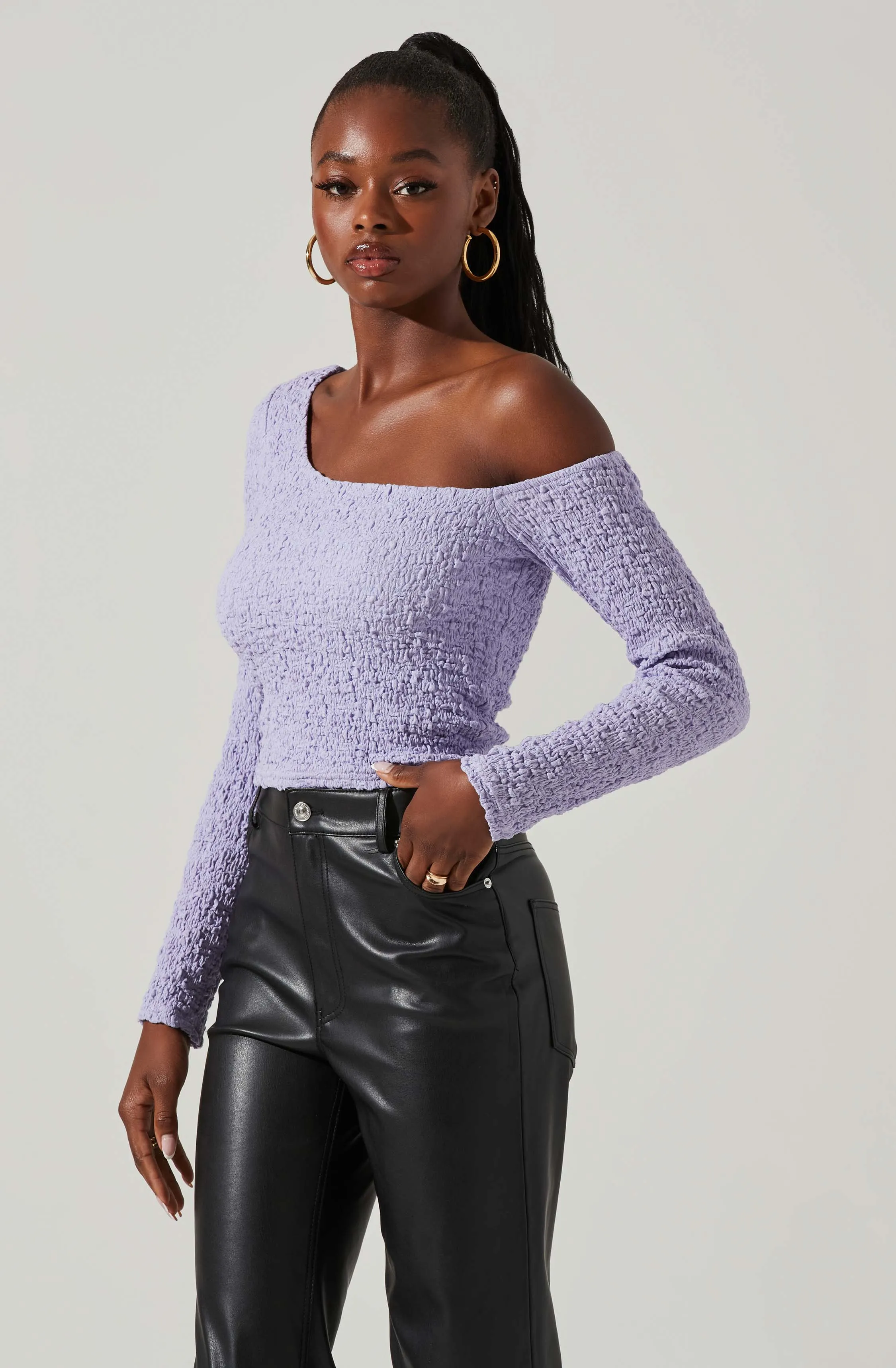 Finley Crinkled Off Shoulder Long Sleeve Crop Top