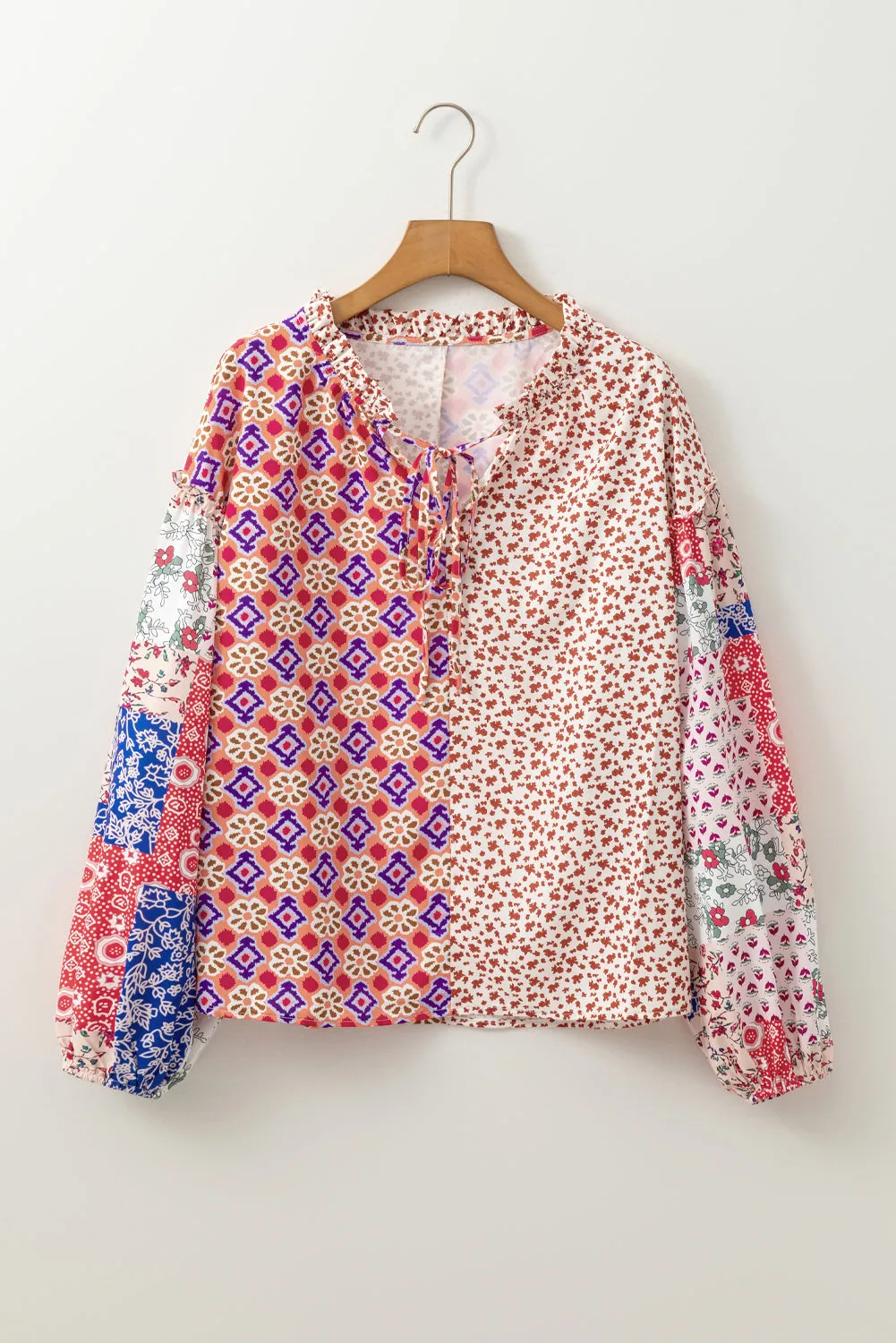Floral Patchwork Tied V-Neck Blouse