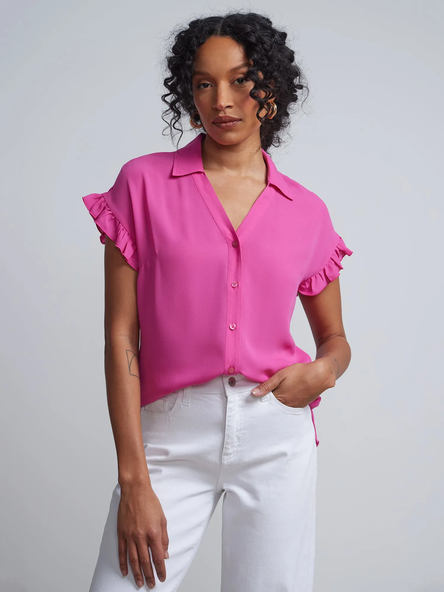 Flutter-Trim Button-Front Blouse