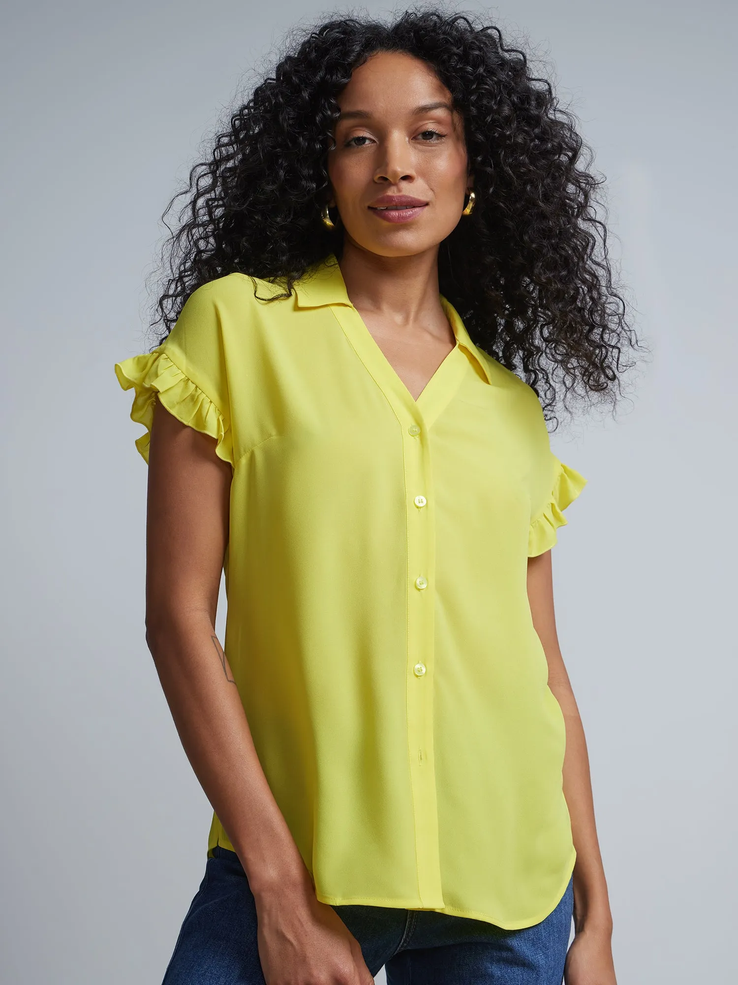 Flutter-Trim Button-Front Blouse